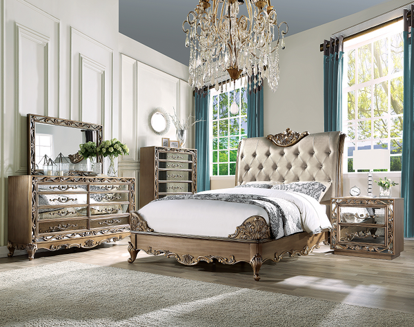 Orianne Champagne PU & Antique Gold Queen Bed