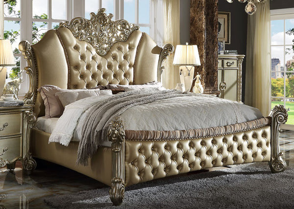 Acme Vendome II King Upholstered Bed with Button Tufted Headboard in Bone/Gold Patina 28027EK