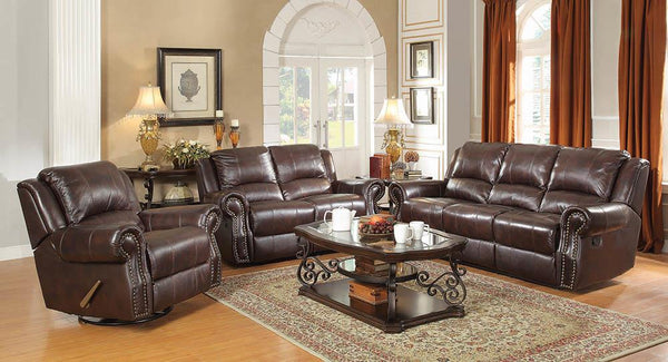Sir Rawlinson Burgundy Brown Motion Sofa, Loveseat and Recliner