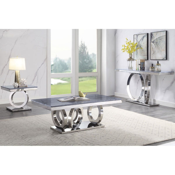Zasir Gray Printed Faux Marble & Mirrored Silver Finish Table Set