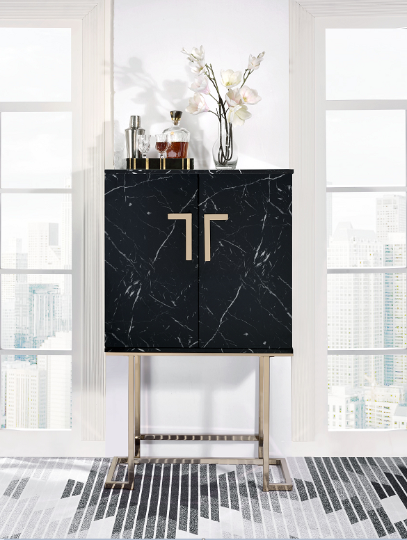 Hendrix Black Faux Marble & Champagne Wine Cabinet