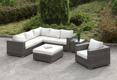 Somani Light Gray Wicker/Ivory Cushion L-Sectional + Chair + Coffee Table + End Table