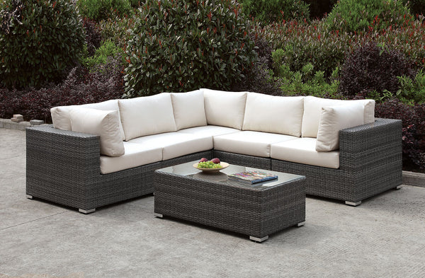 Somani Light Gray Wicker/Ivory Cushion L-Sectional + Coffee Table
