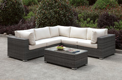 Somani Light Gray Wicker/Ivory Cushion L-Sectional + Coffee Table