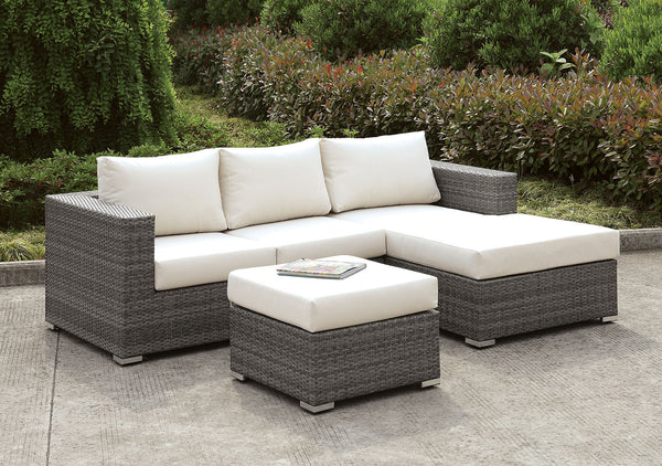 Somani Light Gray Wicker/Ivory Cushion Small L-Sectional w/ Right Chaise + Ottoman