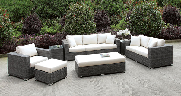Somani Light Gray Wicker/Ivory Cushion 3 Pc Set + 2 End Tables + Ottoman + Bench