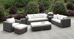 Somani Light Gray Wicker/Ivory Cushion 3 Pc Set + 2 End Tables + Ottoman + Bench