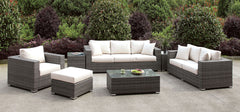 Somani Light Gray Wicker/Ivory Cushion 3 Pc Set + Ottoman + Bench + 2 End Tables