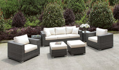 Somani Light Gray Wicker/Ivory Cushion Sofa+2 Chairs+2 End Tables+2 Small Ottomans