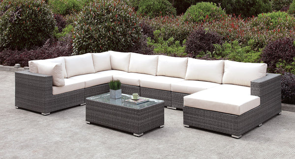 Somani Light Gray Wicker/Ivory Cushion U-Sectional + Coffee Table