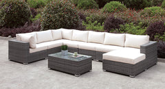 Somani Light Gray Wicker/Ivory Cushion U-Sectional + Coffee Table