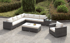 Somani Light Gray Wicker/Ivory Cushion L-Sectional + Chair + Ottoman