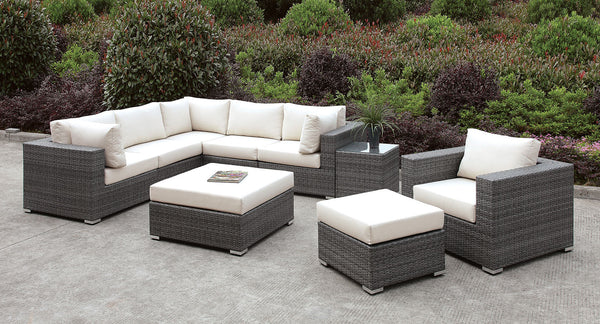 Somani Light Gray Wicker/Ivory Cushion L-Sectional + Chair + 2 Ottomans
