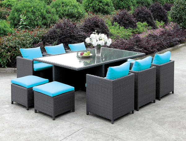 Ashanti Light Brown Wicker/Turquoise Cushion 11 Pc. Patio Dining Table Set