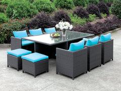 Ashanti Light Brown Wicker/Turquoise Cushion 11 Pc. Patio Dining Table Set