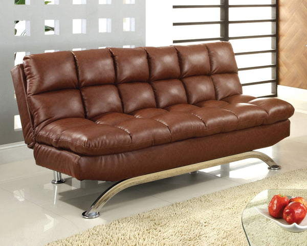 Aristo Saddle Brown Leatherette Futon Sofa, Saddle Brown