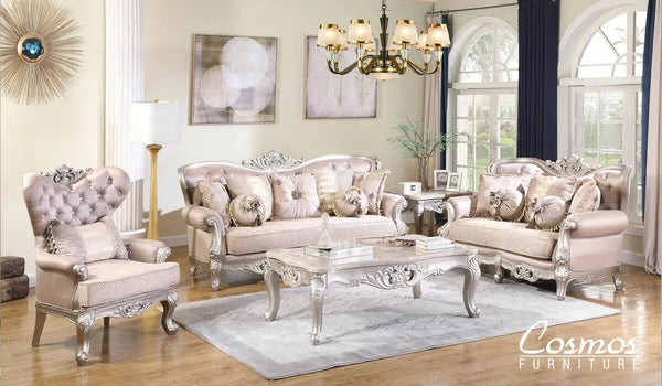 Daisy Traditional Sofa and Loveseat in Cream Wood Finish by Cosmos Furniture