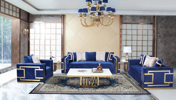 Lawrence Transitional Sofa and Loveseat in Navy Fabric by Cosmos Furniture