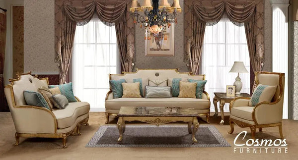 Majestic Traditional Sofa and Loveseat in Gold & Light Beige Wood Finish by Cosmos Furniture