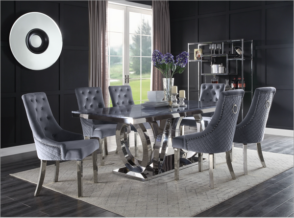 Nasir Gray Printed Faux Marble & Mirrored Silver Finish Dining Room Set