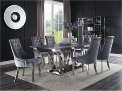 Nasir Gray Printed Faux Marble & Mirrored Silver Finish Dining Room Set