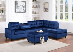 Heights Blue Velvet Reversible Sectional with Storage Ottoman