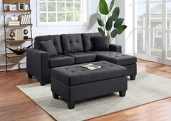 Naomi Black Linen Sectional with Ottoman